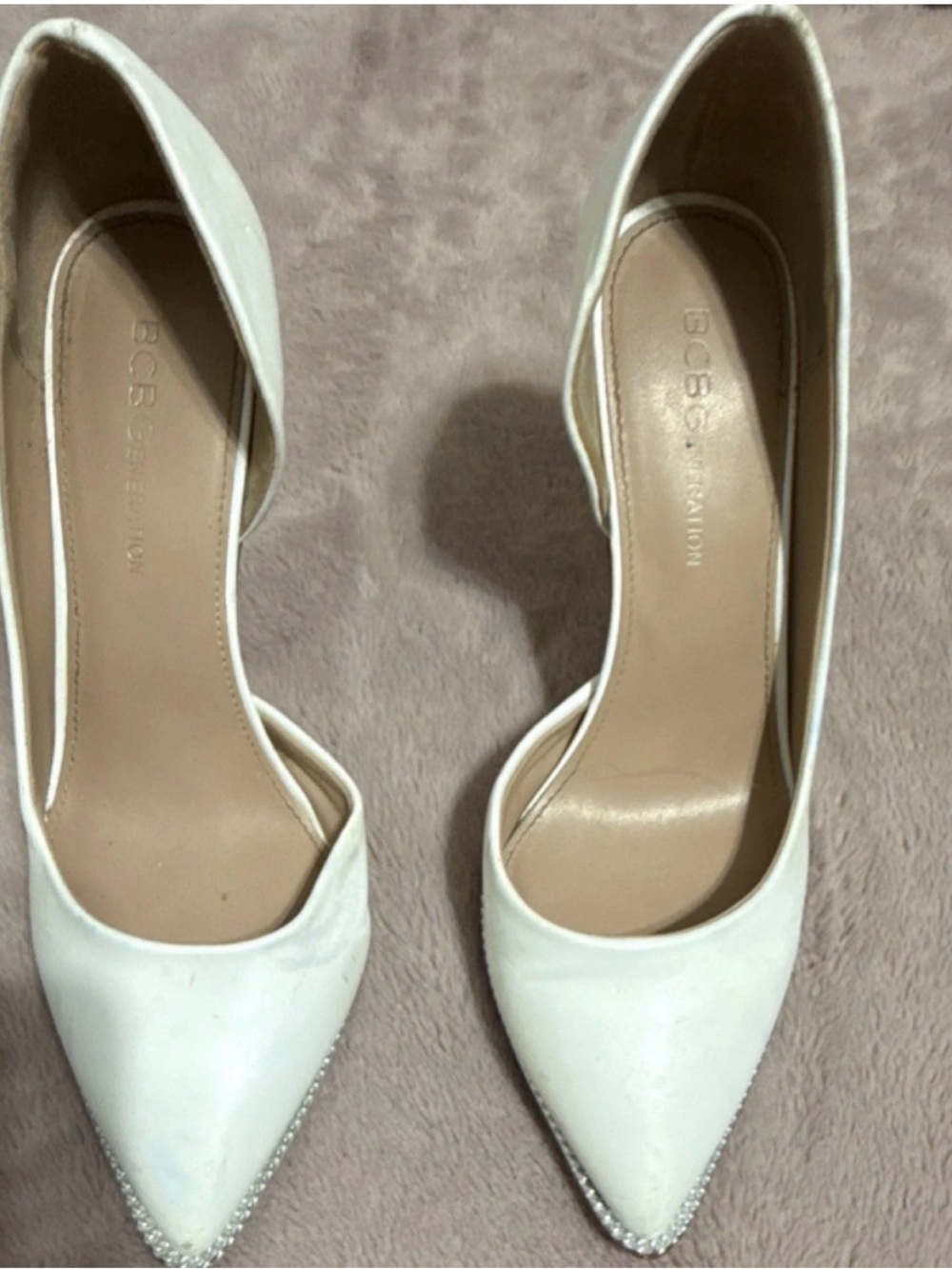 BCBGeneration White Pointed D'Orsay Heels with Rhinestone Trim